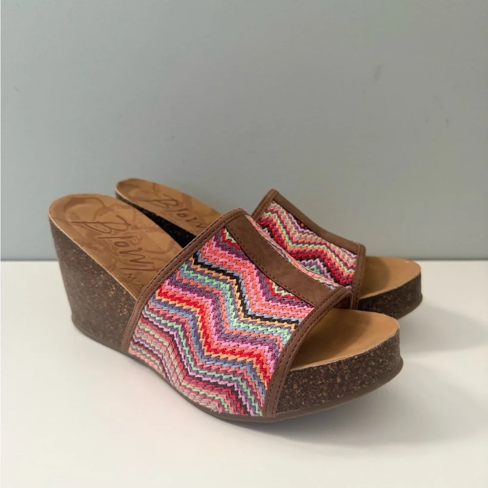 Blowfish Malibu Wedge Sandals 7.5 Multicolor Chevron Slide Cork Platform